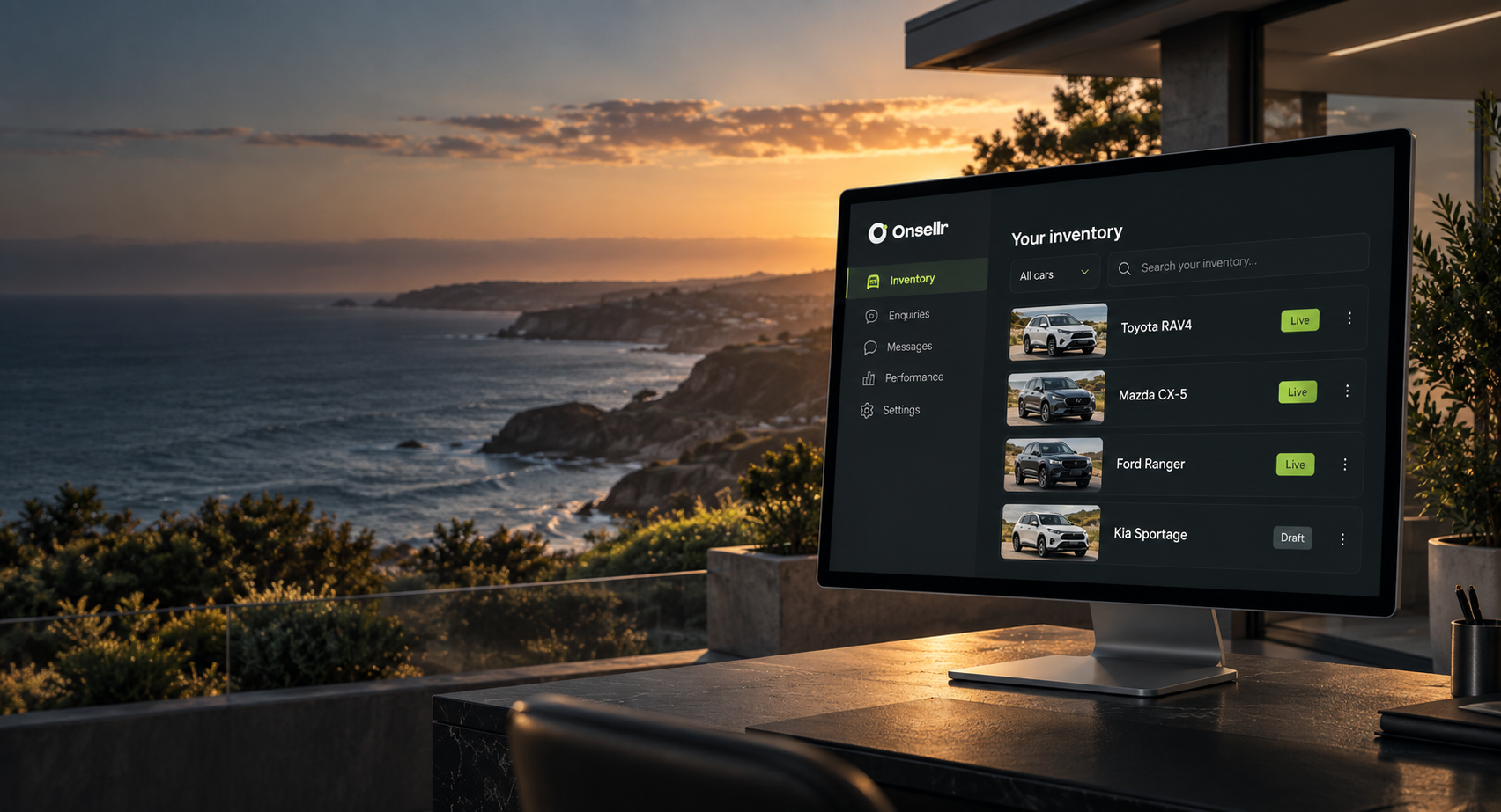 Australian coastline and an illustrative dealership workspace