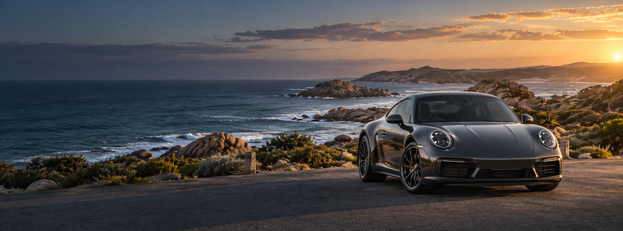 Sports coupe beside the Australian coast at sunset