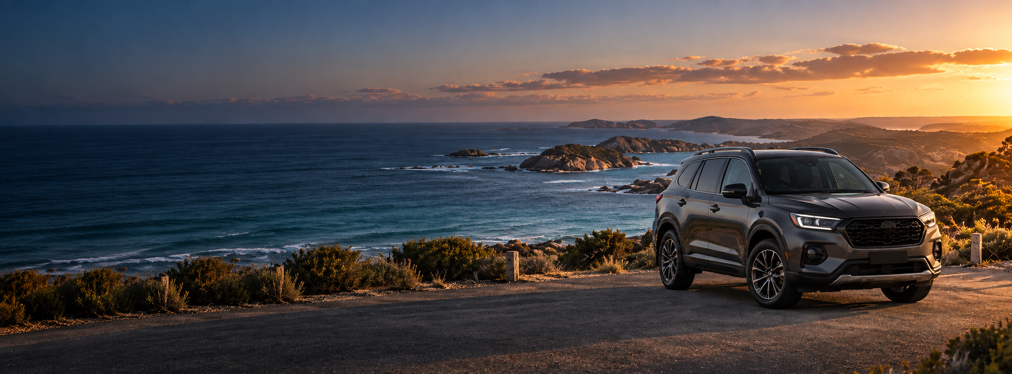 Single SUV beside the Australian coast at sunset