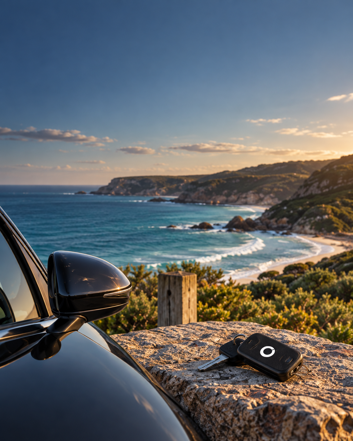 Car keys beside a vehicle overlooking the Australian coast